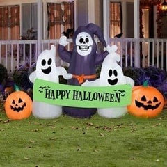 7 1/2' Halloween Ghost and Pumpkin Scene w/ Banner by Gemmy Inflatables