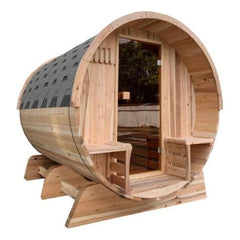 Aleko Sauna 4 Person 4.5 kW Outdoor Rustic Cedar Barrel Sauna with Panoramic View and Bitumen Shingle Roofing ETL Certified Heater by Aleko 649870026309 SBRCE4YARE-AP 4 Person 4.5 kW Outdoor Rustic Cedar Barrel Sauna with Panoramic View