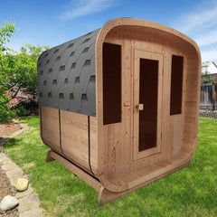 4 Person 4.5 kW ETL Certified Heater Outdoor Rustic Cedar Barrel Steam Rounded Square Sauna with Bitumen Shingle Roofing by Aleko