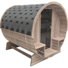 Aleko Saunas 4 Person Outdoor Pine Barrel Sauna with Panoramic View and Bitumen Shingle Roofing 4.5 kW ETL Certified Heater by Aleko 781880235354 SBPI4WYRE-AP 4 Person Pine Sauna Panoramic Bitumen Shingle Roofing 4.5kW ETL Heater