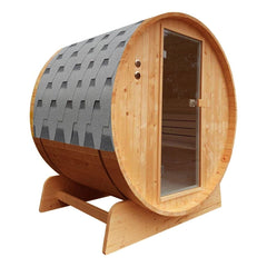 4 Person Outdoor Rustic Cedar Barrel Steam Sauna with Bitumen Shingle Roofing 4.5 kW ETL Certified Heater by Aleko