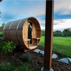 5 Person Outdoor and Indoor Western Red Cedar Barrel Sauna with Front Porch Canopy 4.5 kW ETL Certified by Aleko