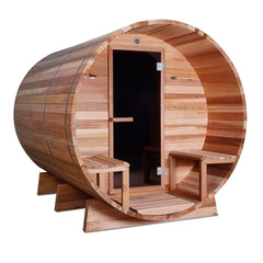 8 Person Outdoor or Indoor Western Red Cedar Wet Dry Barrel Sauna Front Porch Canopy 8 kW ETL Certified Heater by Aleko