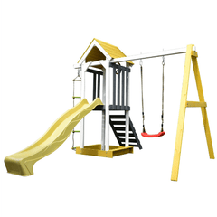 Outdoor Wooden Swing Playset with Swing, Slide, Steering Wheel, and Rock Climbing Ladder by Aleko