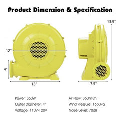 350 Watt 0.5 HP Air Blower Pump Fan for Inflatable Bounce House and Bouncy Castle by Costway