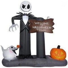 Gemmy Inflatables Inflatable Party Decorations 6' Jack Skellington & Zero "Welcome To Halloween Town" Sign by Gemmy Inflatables 781880239376 223089 6' Jack Skellington Zero Welcome Halloween Town Sign Gemmy Inflatables