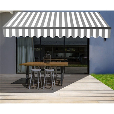 Aleko Awnings 16 x 10 Feet Gray and White Stripes Motorized Retractable Black Frame Patio Awning by Aleko 16x10 Ft Black Motorized Retractable Black Frame Patio Awning by Aleko