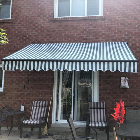 Aleko Awnings 16 x 10 Feet Gray and White Stripes Motorized Retractable Black Frame Patio Awning by Aleko 16x10 Ft Black Motorized Retractable Black Frame Patio Awning by Aleko