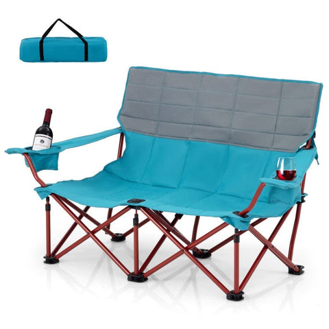 Costway Folding Chairs & Stools Blue Oversized Camping Chair Folding Loveseat Camping Couch with Cup Holders & Thick Padding by Costway 75689314-blue