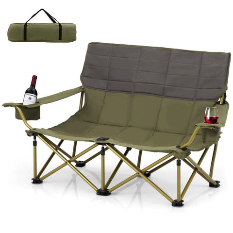 Costway Folding Chairs & Stools Oversized Camping Chair Folding Loveseat Camping Couch with Cup Holders & Thick Padding by Costway Portable Camping Chair 400 LBS Metal Frame Anti-Slip Feet by Costway