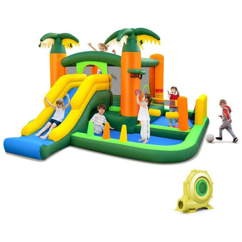 Costway Inflatable Bouncers With Blower 8-in-1 Tropical Inflatable Bounce Castle with 2 Ball Pits Slide and Tunnel by Costway 13275496 8in1 Tropical Inflatable Bounce Castle 2 Ball Slide Tunnel Costway