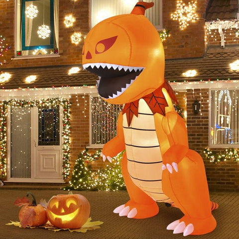 Costway Inflatable Party Decorations 8 Feet Halloween Inflatable Pumpkin Head Dinosaur with LED Lights and 4 Stakes by Costway 10' Halloween Decor Giant Inflatable Animated Fire Dragon LED Lights