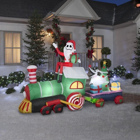 Gemmy Inflatables Christmas Inflatables 10' Jack Skellington on Christmas Train w/ Zeros by Gemmy Inflatables 10' Jack Skellington Oogie Boogie Archway Pumpkins  Gemmy Inflatables