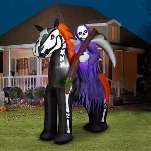 Gemmy Inflatables Inflatable Party Decorations 10'H Short Circuit Grim Reaper on Skeleton Horse by Gemmy Inflatables 10' PhotoRealistic Halloween Skeleton Tombstone Gemmy Inflatables