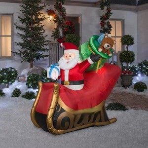 Gemmy Inflatables Inflatable Party Decorations 6 1/2' Santa Claus in Sleigh w/ Gift Sack w/ Micro LEDs by Gemmy Inflatable 781880295273 119835 6 1/2' Santa Claus Sleigh Gift Sack Micro LEDs by Gemmy Inflatable
