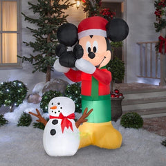 6' Christmas Animated Mickey Putting Mickey Ears Hat On Snowman Scene by Gemmy Inflatables