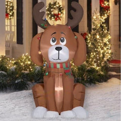 6' Christmas Puppy Dog w/ Moose Antlers and Lights by Gemmy Inflatable