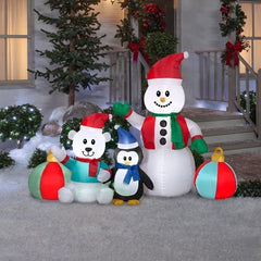 6 1/2' Christmas Snowman, Penguin, & Polar Bear Scene w/ Ornaments by Gemmy Inflatables