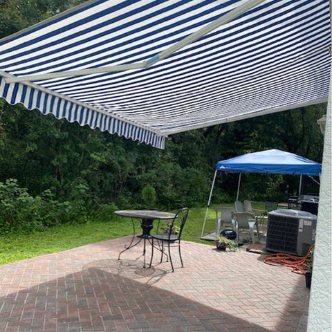 Aleko Awnings 10 x 8 Feet Blue and White Striped Retractable White Frame Patio Awning by Aleko 781880265061 AW10X8BWSTR03-AP 10x8 Ft Blue White Striped Retractable White Frame Patio Awning Aleko