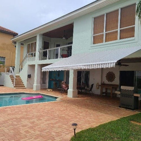 Aleko Awnings 10 x 8 Feet Gray and White Motorized Retractable White Frame Patio Awning Striped by Aleko 781880237709 AWM10X8GREYWHT-AP 10 x 8 Feet Gray and White Motorized Retractable Patio Awning Striped