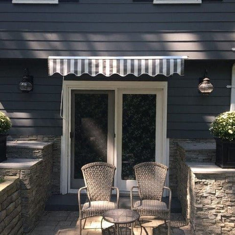 Aleko Awnings 10 x 8 Feet Gray and White Motorized Retractable White Frame Patio Awning Striped by Aleko 781880237709 AWM10X8GREYWHT-AP 10 x 8 Feet Gray and White Motorized Retractable Patio Awning Striped