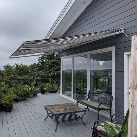 Aleko Awnings 10 x 8 Feet Gray and White Striped Retractable White Frame Patio Awning by Aleko 781880246183 AW10X8GREYWHT-AP 10x8 Ft Gray White Striped Retractable White Frame Patio Awning Aleko