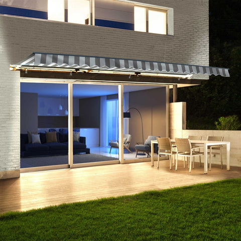 Aleko Awnings 10 x 8 Feet Gray and White Stripes Half Cassette Motorized Retractable LED Luxury Patio Awning by Aleko 781880238638 AWCL10X8GRYWHT-AP 10x8 Ft Gray White Stripes Half Cassette Motorized LED Patio Awning