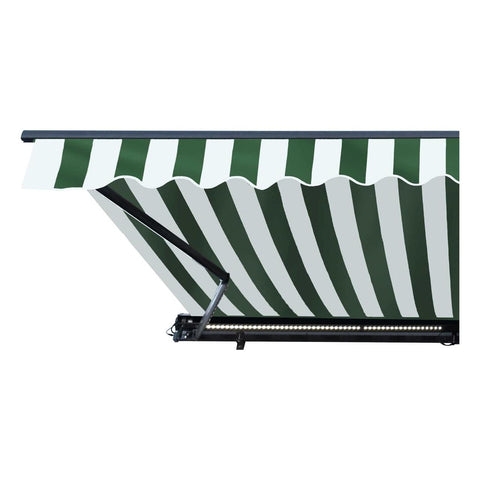 Aleko Awnings 10 x 8 Feet Green and White Stripes Half Cassette Motorized Retractable LED Luxury Patio Awning by Aleko 781880245193 AWCL10X8GRWT00-AP 10x8 Ft Green White Stripes Half Cassette Motorized LED Patio Awning