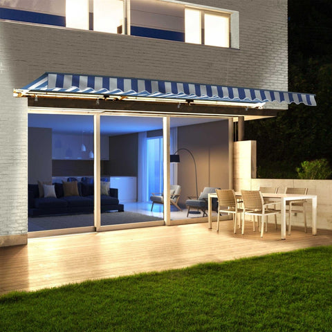 Aleko Awnings 12 x 10 Feet  Blue and White Stripes Half Cassette Motorized Retractable LED Luxury Patio Awning by Aleko 781880238577 AWCL12X10BLWT03-AP 12x10 Ft Blue White Stripes Half Cassette Motorized LED Patio Awning