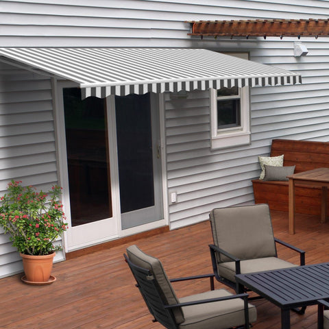 Aleko Awnings 12 x 10 Feet Gray and White Striped Retractable White Frame Patio Awning by Aleko