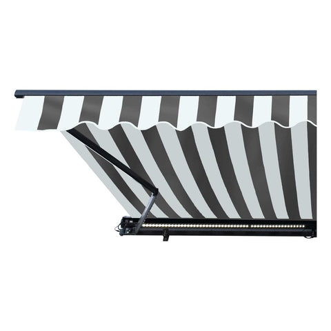 Aleko Awnings 12 x 10 Feet Gray and White Stripes Half Cassette Motorized Retractable LED Luxury Patio Awning by Aleko 781880238645 AWCL12X10GRYWHT-AP 12x10 Ft Gray White Stripes Half Cassette Motorized LED Patio Awning