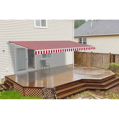 Aleko Awnings 12 x 10 Feet Red and White Striped Retractable White Frame Patio Awning by Aleko 781880247364 AW12X10RWSTR05-AP 12x10 Ft Red White Striped Retractable White Frame Patio Awning Aleko