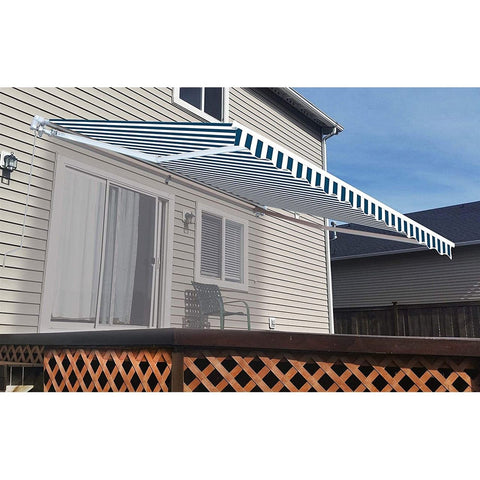 Aleko Awnings 13 x 10 Feet Blue and White Striped Retractable White Frame Patio Awning by Aleko 781880265139 AW13x10BWSTR03-AP 13x10 Ft Blue White Striped Retractable White Frame Patio Awning Aleko