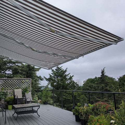 Aleko Awnings 13 x 10 Feet Gray and White Striped Retractable White Frame Patio Awning by Aleko 781880246145 AW13X10GREYWHT-AP 13x10 Ft Gray White Striped Retractable White Frame Patio Awning Aleko