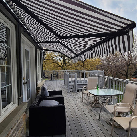 Aleko Awnings 13 x 10 Feet Gray and White Striped Retractable White Frame Patio Awning by Aleko 781880246145 AW13X10GREYWHT-AP 13x10 Ft Gray White Striped Retractable White Frame Patio Awning Aleko