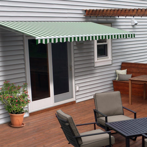 Aleko Awnings 13 x 10 Feet Green and White Striped Retractable White Frame Patio Awning by Aleko 781880265221 AW13X10GWSTR00-AP 13x10Ft Green White Striped Retractable White Frame Patio Awning Aleko