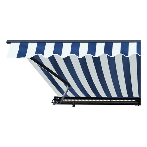 Aleko Awnings 16 x 10 Feet Blue and White Stripes Half Cassette Motorized Retractable LED Luxury Patio Awning by Aleko 781880238546 AWCL16X10BLWT03-AP 16x10 Ft Blue White Stripes Half Cassette Motorized LED Patio Awning