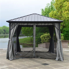 10 x 10 Feet Black Aluminum and Steel Hardtop Gazebo with Mosquito Net and Curtain by Aleko