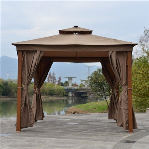 Aleko Canopies & Gazebos 10 x 10 Feet Sand Color Double Roof Aluminum Gazebo with Wooden Finish and Curtain by Aleko 703980250976 GZC10X10W-AP 10x10 Feet Sand Double Roof Aluminum Gazebo w/ Wooden Finish & Curtain