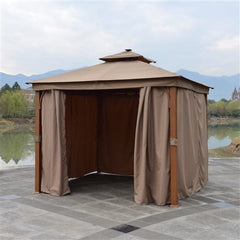10 x 10 Feet Sand Color Double Roof Aluminum Gazebo with Wooden Finish and Curtain by Aleko