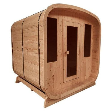 4 Person Certified Heater Outdoor Rustic Cedar Barrel Steam Rounded Square Sauna with Bitumen Shingle Roofing 4.5 kW ETL Certified Heater by Aleko SKU# SRCE4HULL-AP
