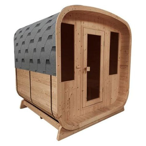 4 Person Certified Heater Outdoor Rustic Cedar Barrel Steam Rounded Square Sauna with Bitumen Shingle Roofing 4.5 kW ETL Certified Heater by Aleko SKU# SRCE4HULL-AP