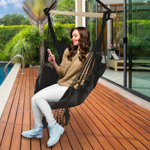 Aleko Outdoor Furniture Gray Hanging Rope Swing Hammock Chair with Side Pocket and Wooden Spreader Bar by Aleko 781880237136 HC02-AP Gray Hanging Rope Swing Hammock Chair Pocket Wooden Spreader Bar