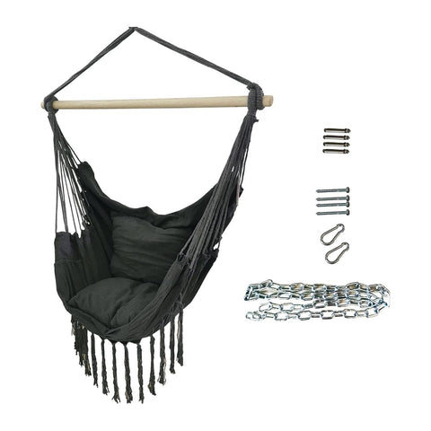 Aleko Outdoor Furniture Gray Hanging Rope Swing Hammock Chair with Side Pocket and Wooden Spreader Bar by Aleko 781880237136 HC02-AP Gray Hanging Rope Swing Hammock Chair Pocket Wooden Spreader Bar