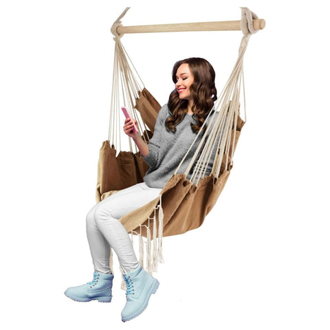 Aleko Outdoor Furniture Khaki Hanging Rope Swing Hammock Chair with Side Pocket and Wooden Spreader Bar by Aleko 781880237112 HC03-AP Khaki Hanging Rope Swing Hammock ChairPocket Wooden Spreader Bar Aleko