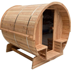 3 Person 3 kW Harvia KIP Heater Outdoor Rustic Cedar Barrel Steam Sauna Front Porch Canopy by Aleko