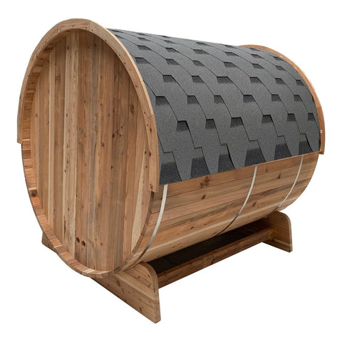Aleko Saunas 4 Person 4.5 kW Harvia KIP Heater Outdoor Rustic Cedar Barrel Steam Sauna Front Porch Canopy by Aleko 781880203025 SB4CED-AP 4Person 4.5kW Harvia KIP Outdoor Rustic Cedar Barrel Steam Sauna Aleko