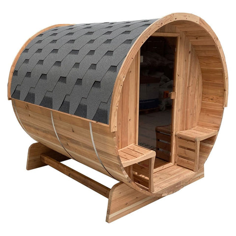 Aleko Saunas 4 Person 4.5 kW Harvia KIP Heater Outdoor Rustic Cedar Barrel Steam Sauna Front Porch Canopy by Aleko 781880203025 SB4CED-AP 4Person 4.5kW Harvia KIP Outdoor Rustic Cedar Barrel Steam Sauna Aleko