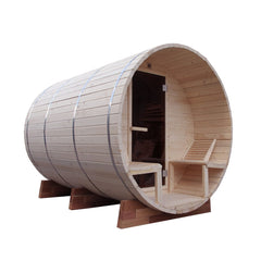 8 Person Outdoor or Indoor White Finland Pine Wet Dry Barrel Sauna Front Porch Canopy 8 kW ETL Certified Heater by Aleko
