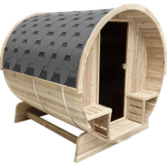 Aleko Saunas 6 Person 6 kW Harvia KIP Heater Outdoor Pine Barrel Sauna with Bitumen Shingle Roofing by Aleko 649870025524 SBPI6ADUR-AP 6 Person Pine Barrel Bitumen Shingle Roofing 6kW Heater Outdoor Aleko